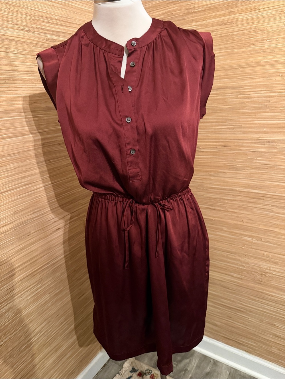 LOFT Sleeveless Wine Button-Front Drawstring Dress